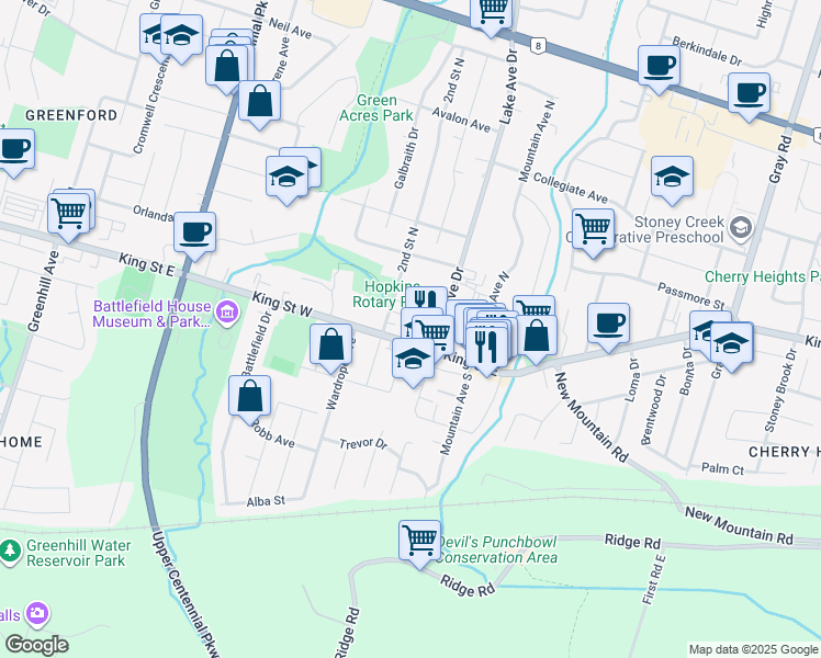 map of restaurants, bars, coffee shops, grocery stores, and more near 10 King Street West in Hamilton