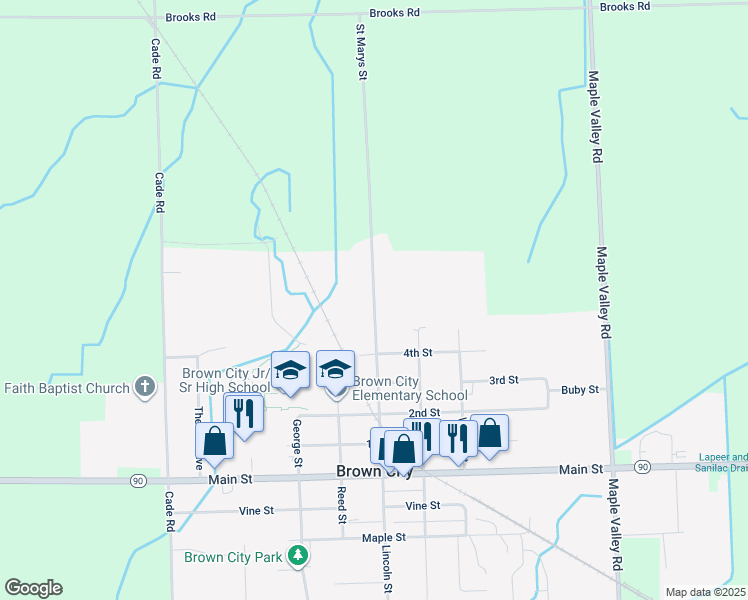 map of restaurants, bars, coffee shops, grocery stores, and more near 6771 Saint Marys Street in Brown City