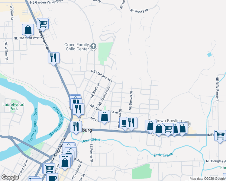 map of restaurants, bars, coffee shops, grocery stores, and more near 726 Northeast Jackson Street in Roseburg