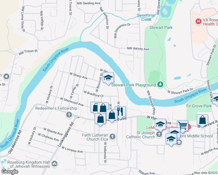 map of restaurants, bars, coffee shops, grocery stores, and more near 2560 West Bradford Court in Roseburg