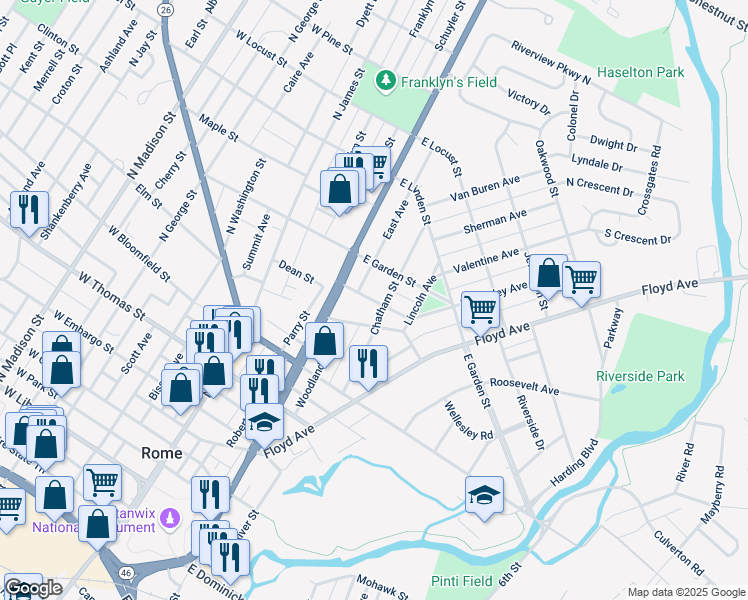 map of restaurants, bars, coffee shops, grocery stores, and more near 217 Prospect Street in Rome
