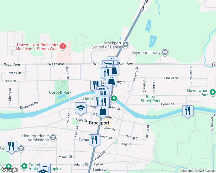 map of restaurants, bars, coffee shops, grocery stores, and more near 39 Main Street South in Brockport