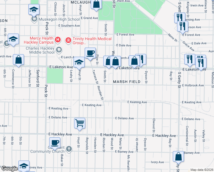map of restaurants, bars, coffee shops, grocery stores, and more near 1891 Wood Street in Muskegon