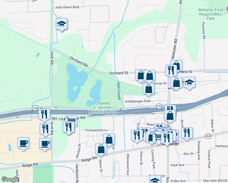 map of restaurants, bars, coffee shops, grocery stores, and more near 129 Breno Drive in Webster