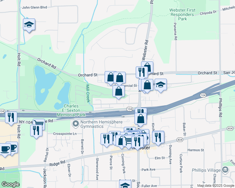 map of restaurants, bars, coffee shops, grocery stores, and more near 50 Commercial Street in Webster