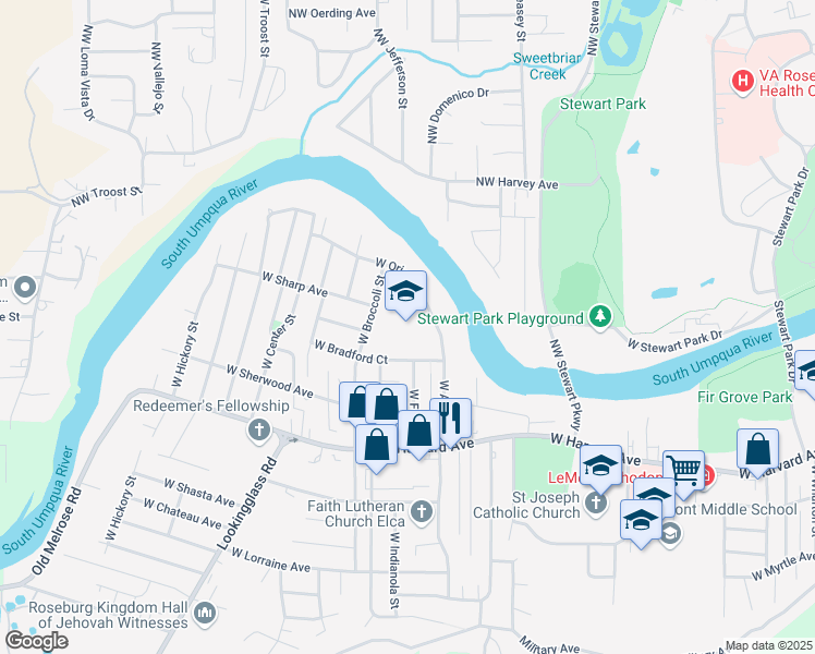 map of restaurants, bars, coffee shops, grocery stores, and more near 2560 West Bradford Court in Roseburg
