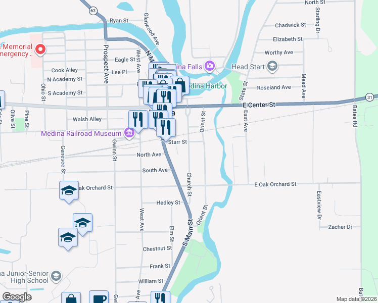 map of restaurants, bars, coffee shops, grocery stores, and more near 710 Church Street in Medina