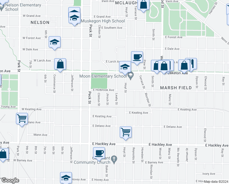 map of restaurants, bars, coffee shops, grocery stores, and more near 1907 Leahy Street in Muskegon