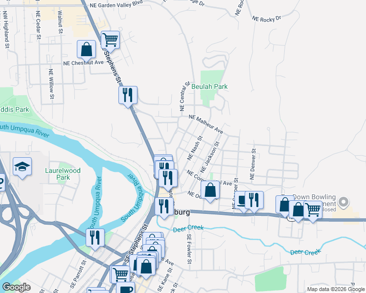 map of restaurants, bars, coffee shops, grocery stores, and more near 623 Northeast Lincoln Street in Roseburg
