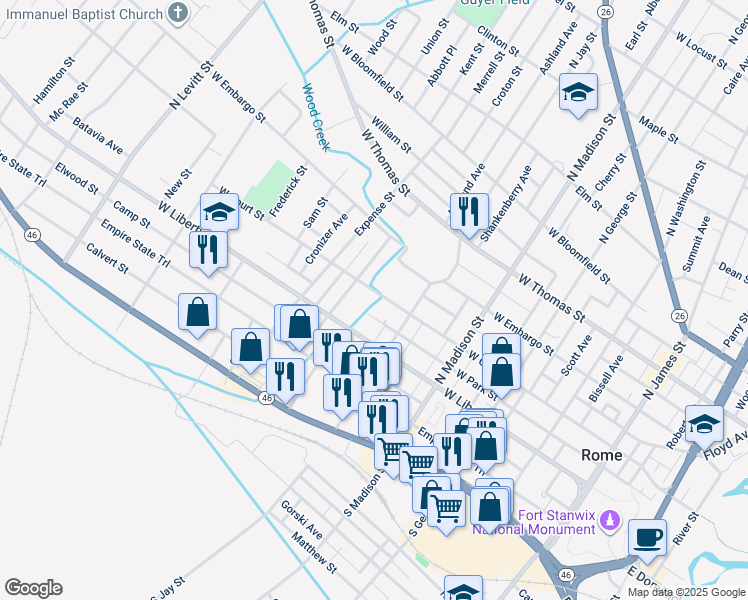 map of restaurants, bars, coffee shops, grocery stores, and more near 508-598 West Court Street in Rome