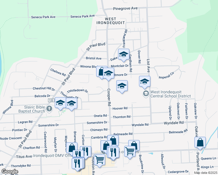 map of restaurants, bars, coffee shops, grocery stores, and more near 350 Cooper Road in Irondequoit