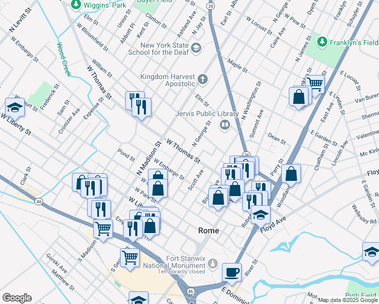 map of restaurants, bars, coffee shops, grocery stores, and more near 507 North George Street in Rome