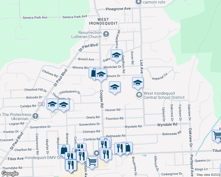 map of restaurants, bars, coffee shops, grocery stores, and more near 350 Cooper Road in Rochester