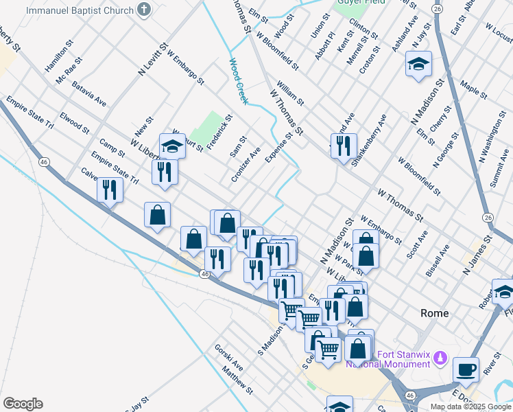 map of restaurants, bars, coffee shops, grocery stores, and more near 214 Kossuth Street in Rome