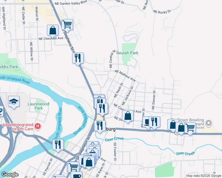 map of restaurants, bars, coffee shops, grocery stores, and more near 623 Northeast Lincoln Street in Roseburg