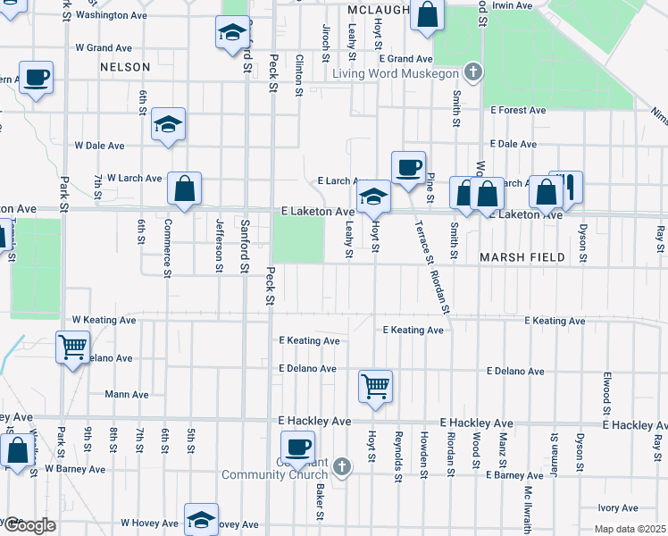 map of restaurants, bars, coffee shops, grocery stores, and more near 121 East Holbrook Avenue in Muskegon