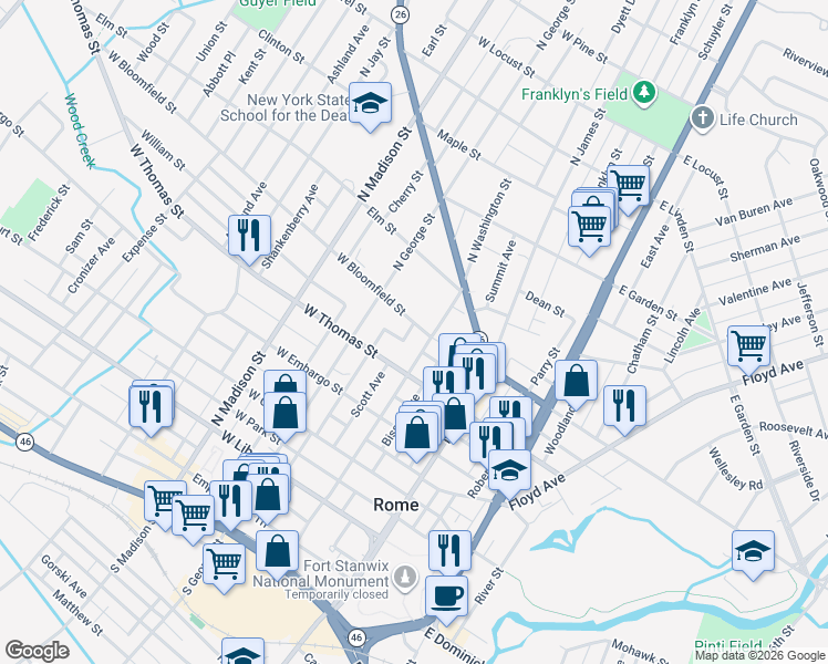 map of restaurants, bars, coffee shops, grocery stores, and more near 603 North Washington Street in Rome