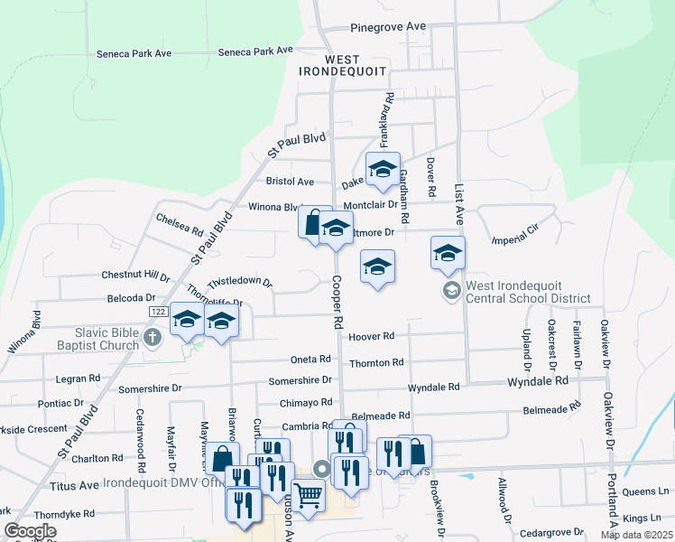 map of restaurants, bars, coffee shops, grocery stores, and more near 350 Cooper Road in Rochester