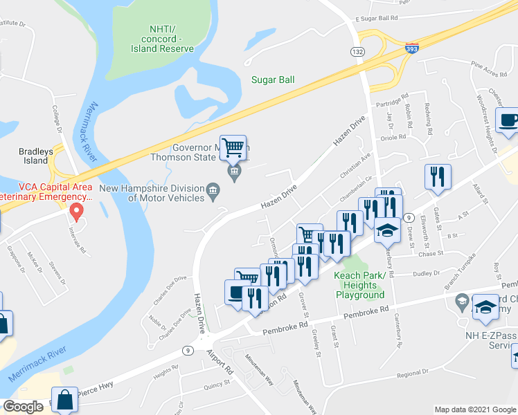 map of restaurants, bars, coffee shops, grocery stores, and more near Hazen Drive in Concord