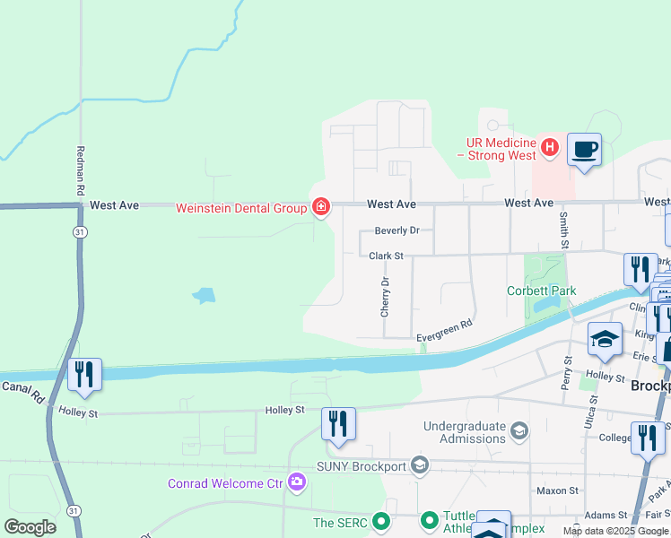 map of restaurants, bars, coffee shops, grocery stores, and more near 396 Willowbrooke Drive in Brockport