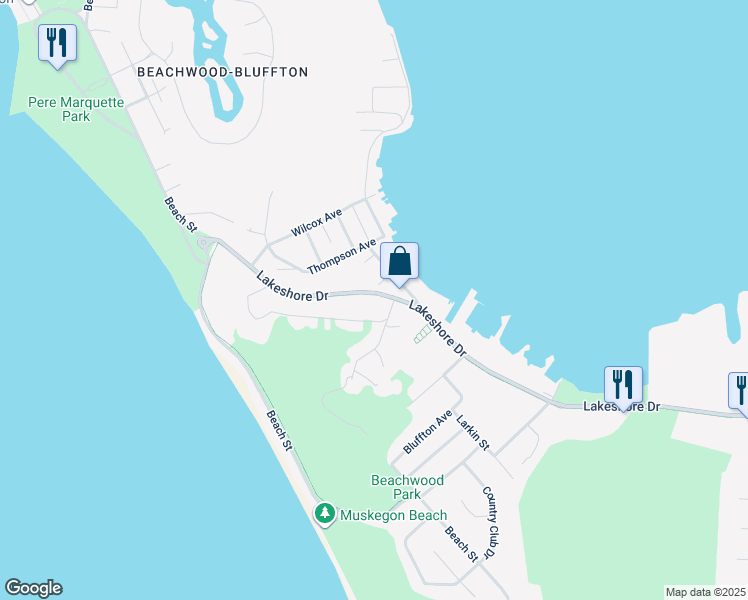 map of restaurants, bars, coffee shops, grocery stores, and more near 3235 Lakeshore Drive in Muskegon