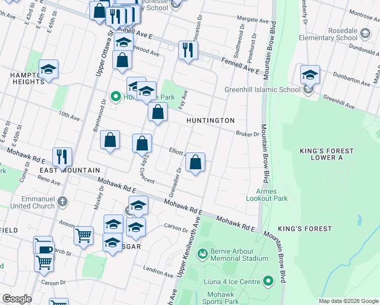 map of restaurants, bars, coffee shops, grocery stores, and more near 41 Elliott Avenue in Hamilton