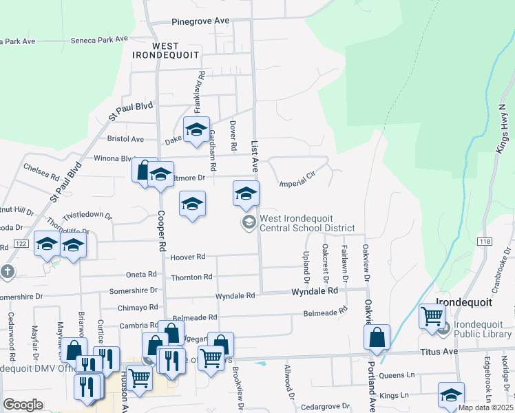 map of restaurants, bars, coffee shops, grocery stores, and more near 325 List Avenue in Irondequoit