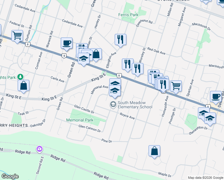 map of restaurants, bars, coffee shops, grocery stores, and more near 204 Memorial Avenue in Hamilton