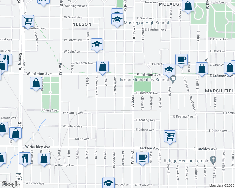 map of restaurants, bars, coffee shops, grocery stores, and more near 1910 Jefferson Street in Muskegon