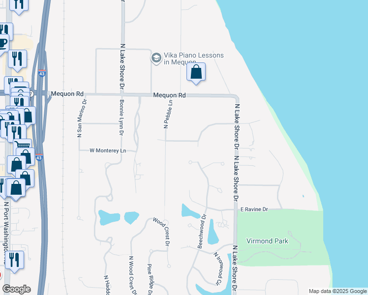 map of restaurants, bars, coffee shops, grocery stores, and more near 203 West Highview Drive in Mequon