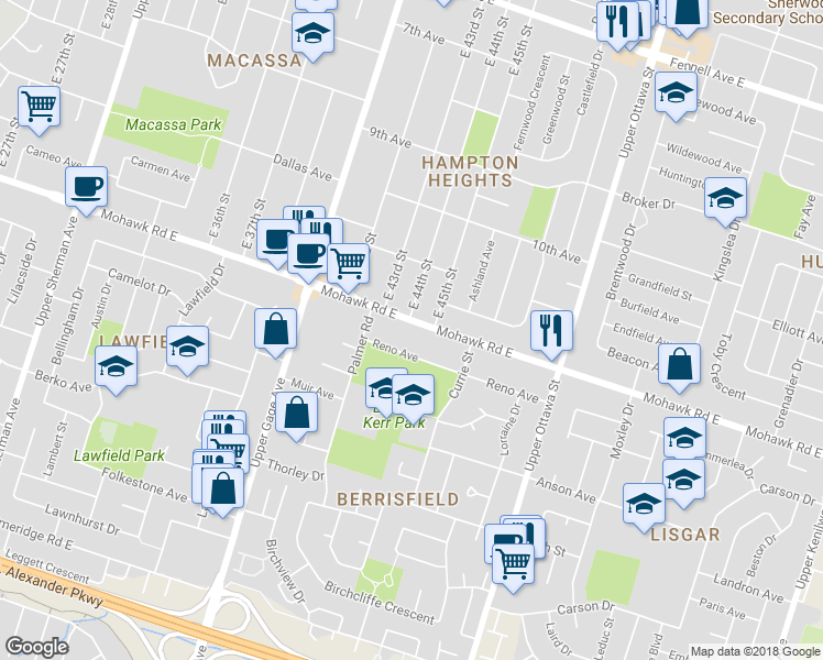map of restaurants, bars, coffee shops, grocery stores, and more near 764 Mohawk Road East in Hamilton