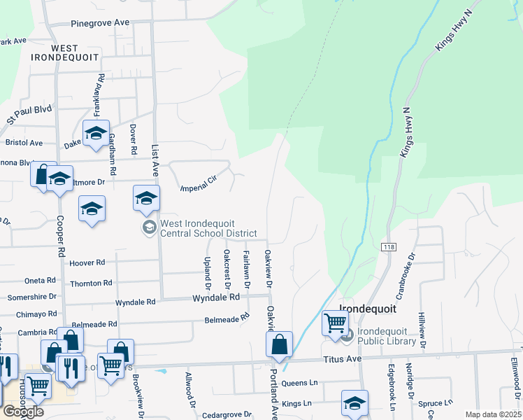 map of restaurants, bars, coffee shops, grocery stores, and more near 2651 Oakview Drive in Irondequoit