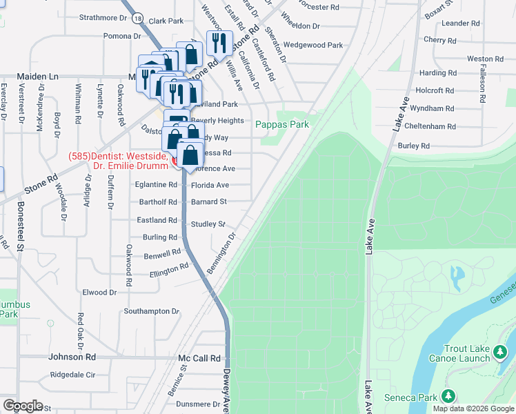 map of restaurants, bars, coffee shops, grocery stores, and more near 200 Bennington Drive in Rochester