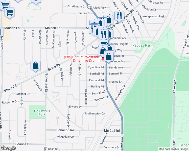 map of restaurants, bars, coffee shops, grocery stores, and more near 57 Bartholf Road in Rochester