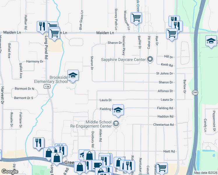 map of restaurants, bars, coffee shops, grocery stores, and more near 351 Sharon Drive in Rochester