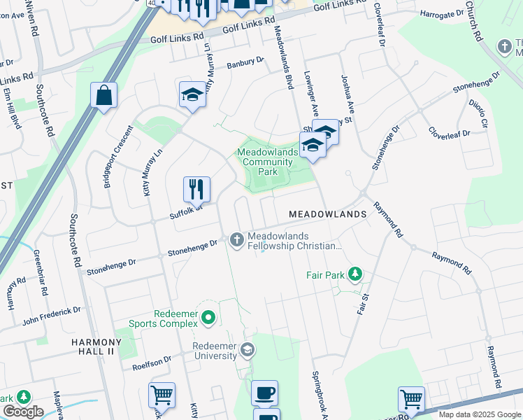 map of restaurants, bars, coffee shops, grocery stores, and more near 75 Olivia Place in Hamilton