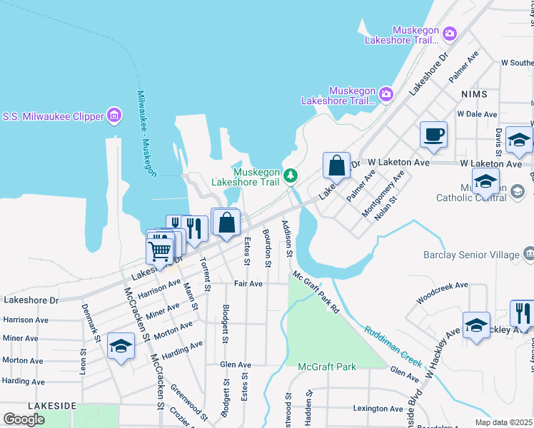 map of restaurants, bars, coffee shops, grocery stores, and more near 1724 Lakeshore Drive in Muskegon