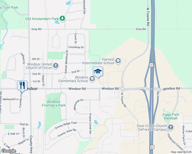 map of restaurants, bars, coffee shops, grocery stores, and more near 4352 Windsor Rd in Dane