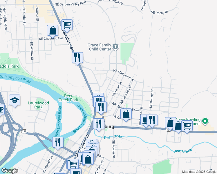 map of restaurants, bars, coffee shops, grocery stores, and more near 1142 Northeast Freemont Avenue in Roseburg