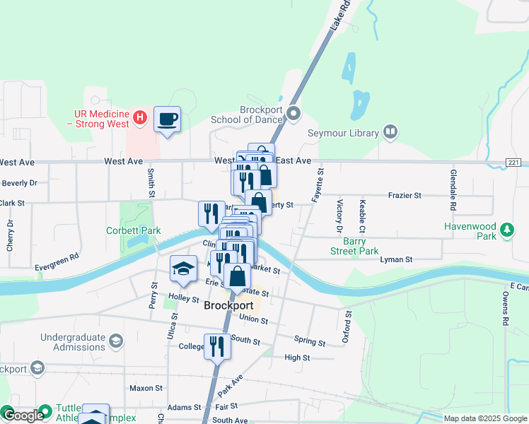 map of restaurants, bars, coffee shops, grocery stores, and more near 12/16 Liberty Street in Brockport