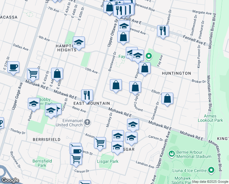 map of restaurants, bars, coffee shops, grocery stores, and more near 25 Endfield Avenue in Hamilton