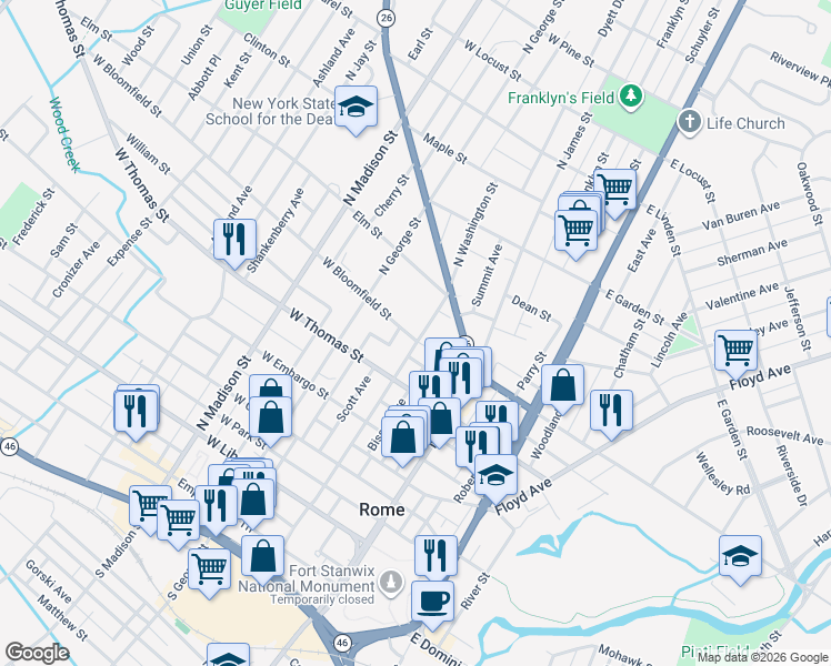 map of restaurants, bars, coffee shops, grocery stores, and more near 603 North Washington Street in Rome