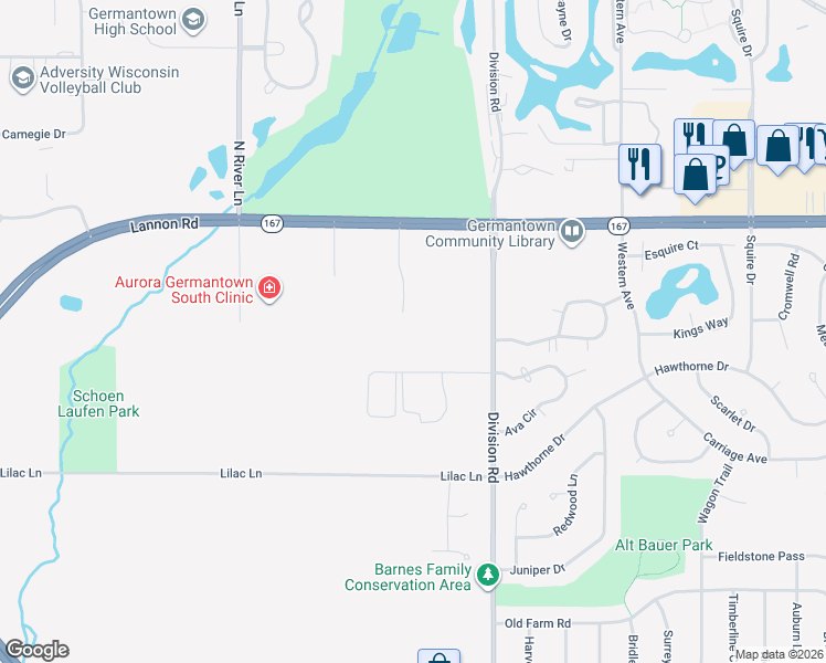 map of restaurants, bars, coffee shops, grocery stores, and more near W175N11037 Stonewood Drive in Germantown