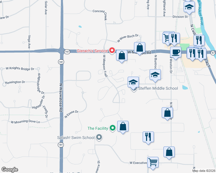 map of restaurants, bars, coffee shops, grocery stores, and more near 7100 Tamarack Court in Mequon
