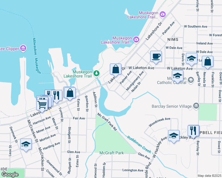map of restaurants, bars, coffee shops, grocery stores, and more near 1618 Palmer Avenue in Muskegon