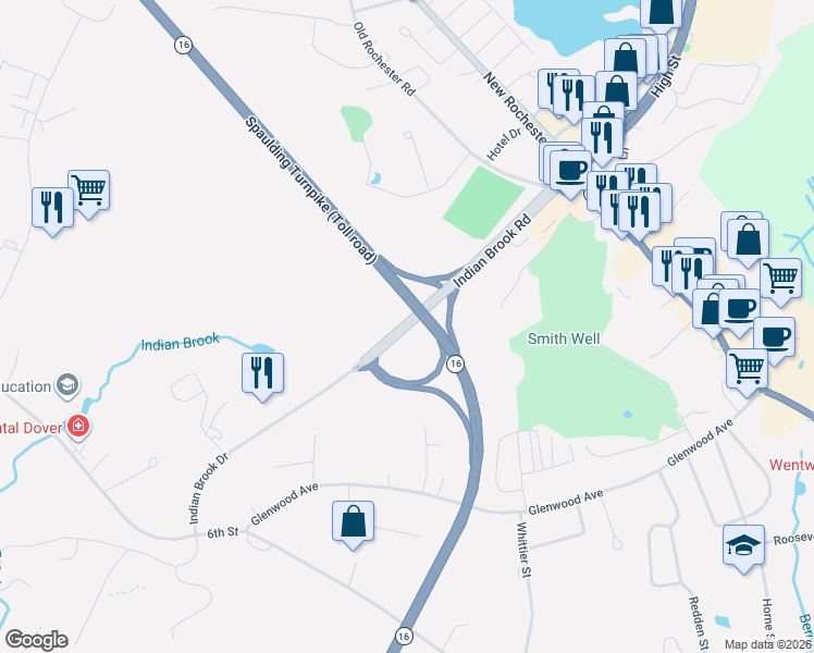 map of restaurants, bars, coffee shops, grocery stores, and more near Indian Brook Drive in Dover