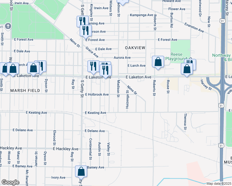 map of restaurants, bars, coffee shops, grocery stores, and more near 978 East Holbrook Avenue in Muskegon