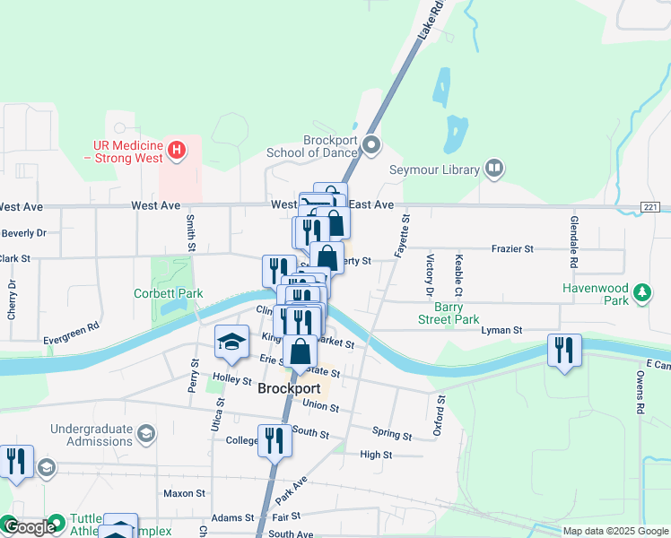 map of restaurants, bars, coffee shops, grocery stores, and more near 12/16 Liberty Street in Brockport