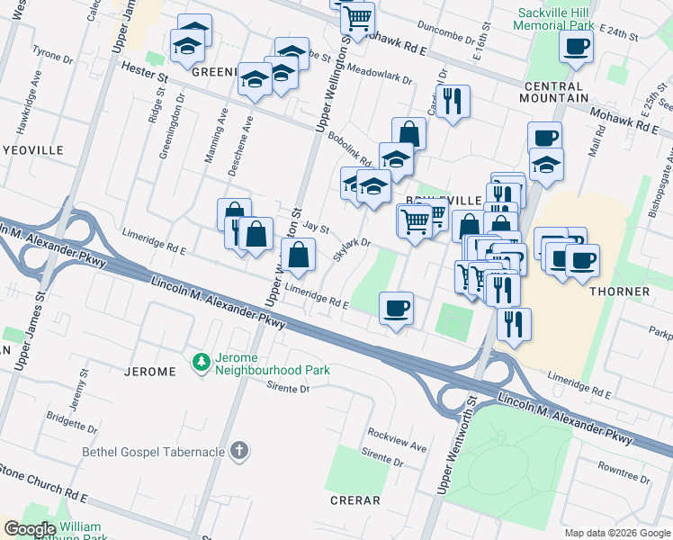 map of restaurants, bars, coffee shops, grocery stores, and more near 39 Flamingo Drive in Hamilton
