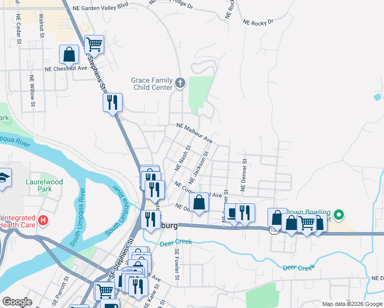 map of restaurants, bars, coffee shops, grocery stores, and more near 1331 Northeast Klamath Avenue in Roseburg